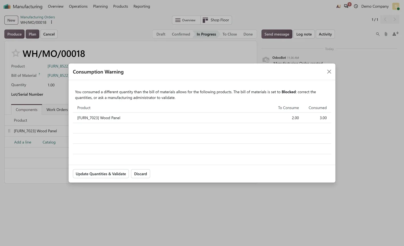 BoM Consumption Control for Odoo, blocked for user