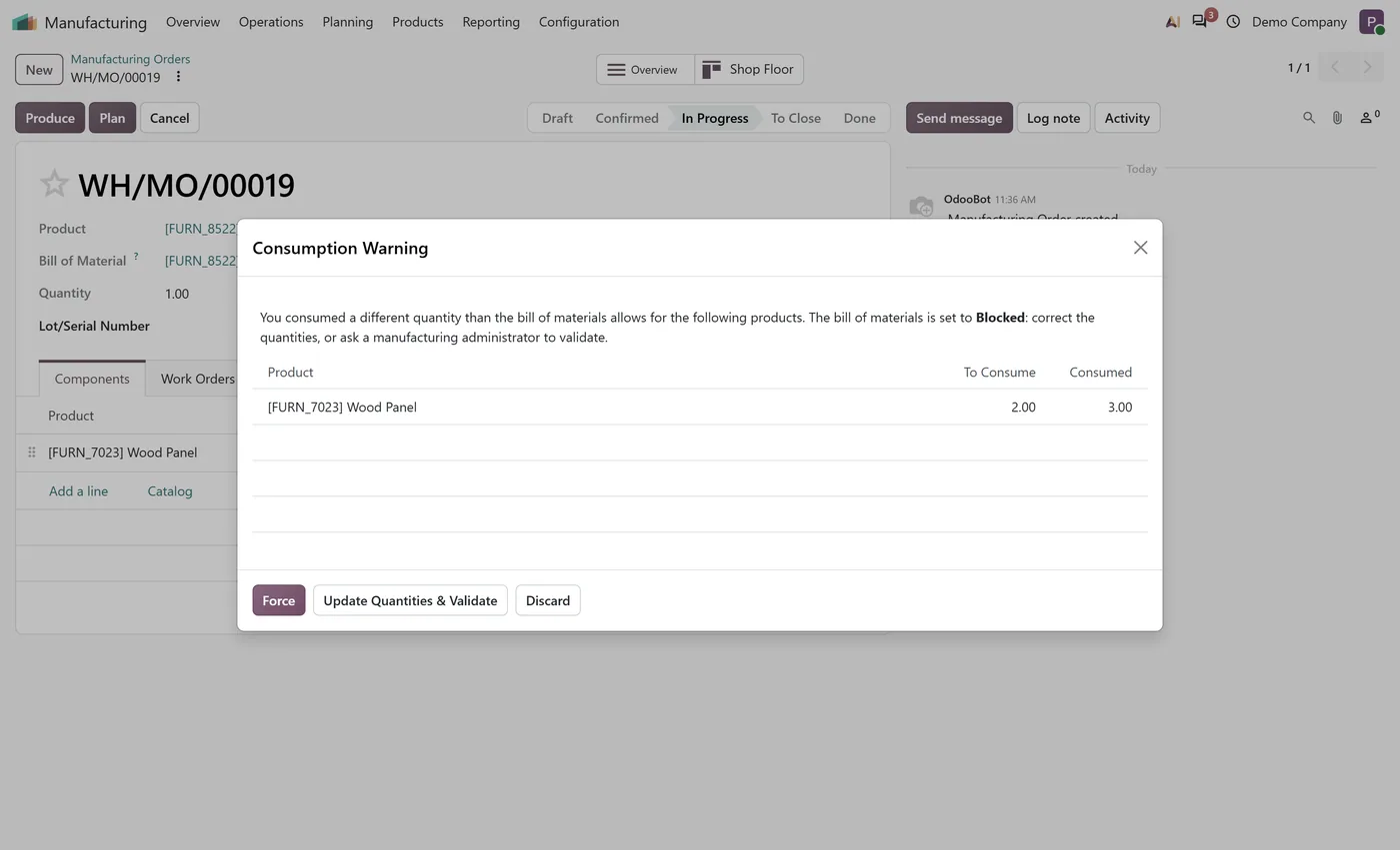 BoM Consumption Control for Odoo, manager can force