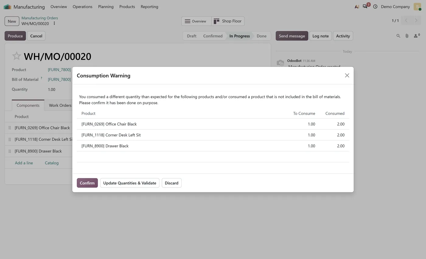 BoM Consumption Control for Odoo, allowed with warning